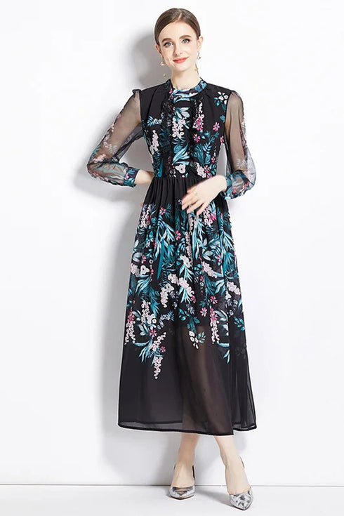 Gorgeous Floral Vintage Women's Maxi Dress, Mock Neck, Ruffled Trim, Long Sleeves, Chiffon Party, Cocktail, Festive Vestidos